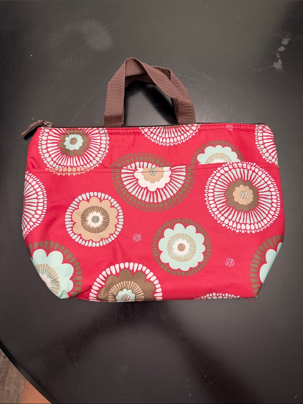 Thirty-One Floral Red Tote Bag with Brown Handles